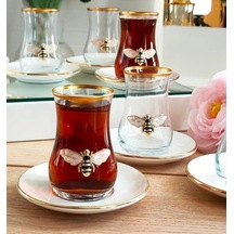 Queen Bee 12 Parça Çay Takımı 6 Kişilik Cam - Porselen Çay Seti Arı Desenli Şık Sunum Takımı Genel