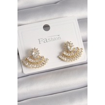 Pirinç Gold Renk Zirkon Taşlı Yelpaze Model Kadın Küpe Çok Renkli Pirinç Gold Renk Zirkon Taşlı Yelpaze Model Kadın Küpe Çok Renkli