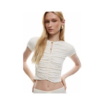 Koton Slim Fit Kısa Kollu Boncuk Detaylı Bürümcük Kumaş Dokulu Tişört Ekru 5sak50488ek Ekru