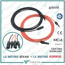 Güneş Paneli Uzatma Kablosu 12m+12m 4mm Çift Taraflı Mc4 Soketli Solar Ara Kablo Siyah Kırmızı