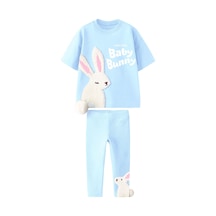 Lolliboomkids Kız Çocuk 3d Sevimli Tavşan Peluş Aplike Detaylı Pamuklu T-shirt Fitilli Tayt Alt Üst Takım Bebe Mavi