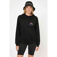 Flower Amoled Baskılı Siyah Kadın Kapşonlu Sweashirt (528712518)