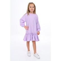 Toontoy Kız Çocuk Baskılı Relax Fit Bisiklet Yaka Reglan Uzun Kollu Volanlı Elbise - Lila