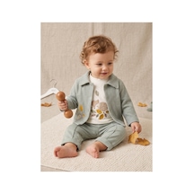 Elci Baby Erkek Bebek Orman Temalı Waffle Kumaş Ceketli 3'lü Alt Üst Takım Mint Yeşili