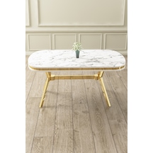 Canisa Concept Olya Serisi 90x168 Lak Panel Gold Ayak Beyaz Mermer Desen Sabit Mutfak Masası Masa Beyaz Mermer Desen Ayak Gold