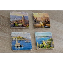 Galata Eminönü Kız Kulesi Ve Ortaköy Doğal Taş Bardak Altlığı 4'lü Set - Natural Stone Coasters - Taş Çok Renkli