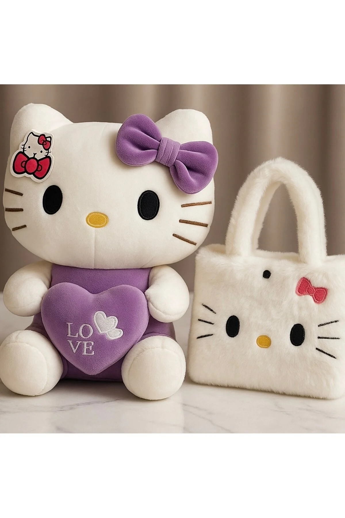 Hello Kitty Peluş Oyuncak 35cm + Peluş Çanta - Sevimli & Yumuşak Açık Mor
