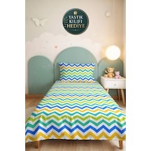 Mavi Zigzag Geometrik Genç Odası Tek Kişilik Pike Takımı - Renkli 160x220 Cm Kapitone Yatak Örtüsü Bohem Kil Kabuğu
