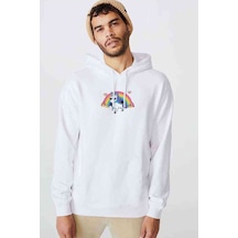 Unicorn Rainbow Baskılı Beyaz Erkek Örme Kapşonlu Sweatshirt