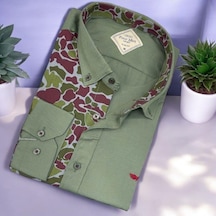 Pamuklu Haki Uzun Kollu Erkek Gömlek Slim Fit Kalıp -9779 Haki