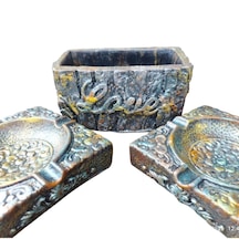 El Yapımı Vintage Eskitme Dekoratif Küllük Ve Kalemlik Seti Kabartma Desenli Bronz, Mavi Ve Altın Efektli Tasarım