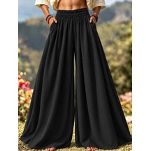 Defymoda Yüksek Belli Lastikli Geniş Paçalı Etek Pantolon Siyah