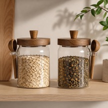 2'li Kaşıklı Akasya Kapaklı Cam Kavanoz Seti 700 Ml Erzak Saklama Çok Renkli