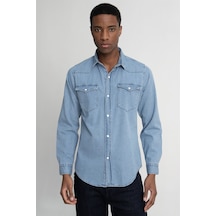 Tudors Slim Fit Çift Cep Kapaklı Parça Dikişli Denim Erkek Mavi Gömlek-26882-mavi Mavi