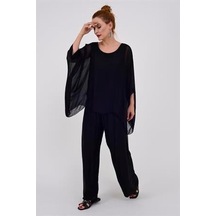 Bohem Stil İtalyan Yarasa Kol İpek Bluz & Pantolon Takım-8767 Siyah1 Siyah