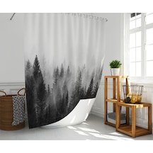 Banyo Duş Perdesi Sisli Orman Desen Dijital Baskılı Banyo Perdesi, Tek Kanat C Halkalı-180x200 Cm Çok Renkli