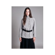 LC Waikiki Alıta Cıty Farkıyla Lcw Modest Gri Asimetrik Dik Yaka Çizgili Kadın Gömlek Gri - 931522880 Gri