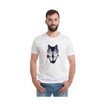 Lonely Wolf Rose Baskılı Beyaz Erkek Tshirt