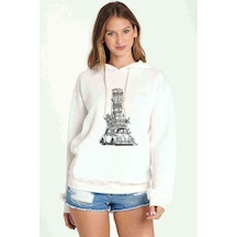 Beetle Baskılı Beyaz Kadın Kapşonlu Sweatshirt