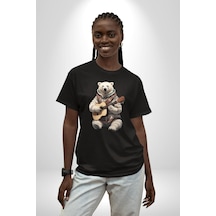 Kutup Ayısı Gitar Polar Çeket Pamuklu Bisiklet Yaka Unisex Oversize Boyfriend Dijital Baskılı Siyah T-shirt Siyah