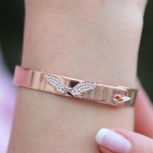 Zirkon Taşlı Rose Gold Kaplama Melek Gümüş Kelepçe Gümüş