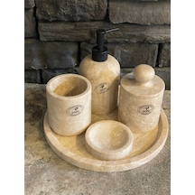 Bej Traverten Doğaltaş 5'li Banyo Seti Beyaz