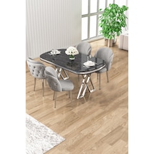 Canisa Zae Serisi 90x168 Lak Panel Siyah Mermer Desen Krom Ayak Masa Takımı 4 Gri Sandalye Masa Siyah Mermer Desen Sandalyeler Gri