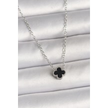 316l Çelik Gümüş Renk Siyah Yonca Model Kadın Kolye Çok Renkli