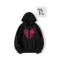 Tarzsokak Kırmızı Kalp Örümcek Ağ Sweatshirt Fermuarlı Hırka Siyah