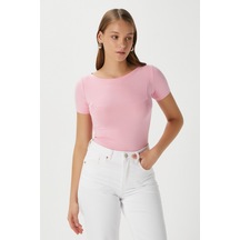 Ritnice Kadın Velvet Kayık Yaka Lux Touch Yumuşak Doku Kısa Kol Pembe Bluz