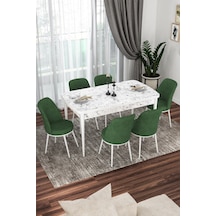 Canisa Concept Kor Serisi 70x114 Açılabilir Mutfak Masası Takımı Beyaz Mermer Desen Masa 6 Haki Yeşil Sandalye Beyaz