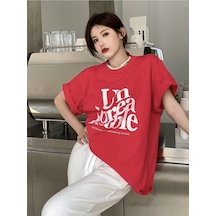 Kable T-shirt - Kırmızı Oversize Baskılı Bisiklet Yaka Kirmizi