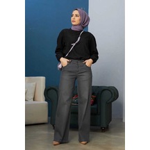 1056-Bol Paça Pantolon Koyu Gri Çok Renkli