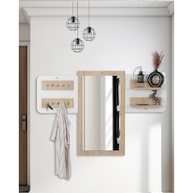 Elbise Askısı / Aynalı Askı / Dekoratif Askılık / Portmanto /duvar Askılık / Flora Dafne Beyaz - Meşe