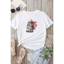 Unisex Sevimli Kedi Baskılı Tasarım T-shirt Beyaz