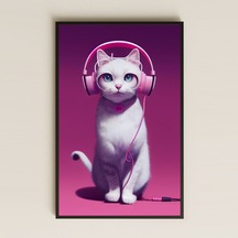 Kulaklıklı Beyaz Kedi Dijital Sanat Pleksi Tablo