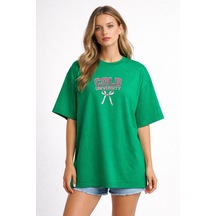 Unisex Oversize Yeşil Tişört Cold University Baskılı %100 Pamuk Salaş Streetwear Kadın Erkek T-shirt Yeşil