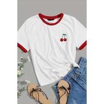 Kiraz Baskılı T-shirt - Kırmızı Beyaz Oversize Bisiklet Yaka Kısa Kol Tişört Beyaz Kırmızı-99280