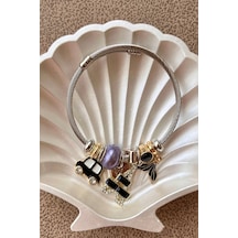 Fubena Siyah Araba , Mor Murano Gümüş Renk Çelik Bileklik Çelik