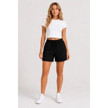 Efnaz Style 3 İplik Şardonsuz Yazlık Cepli Lastikli Bağcıklı Regular Fit Şort - Siyah