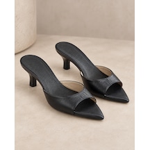 Yeo-leather Siyah Hakiki Deri Önü Açık Sivri Burun Kadın Topuklu Terlik/sandalet 5cm