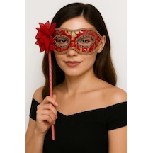 Lüks Taşlı Saplı Maskeli Balo Maskesi Kırmızı Renk 35 Cm - Parti Gözlüğü & Maske - Parti Ve Kutlama 0 - 99