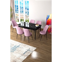 Canisa Zen Serisi 80x132 Mdf Açılabilir Siyah Mermer Desen Masa Takımı Ve 6 Pembe Sandalye Masa Siyah Mermer Desen Sandalye Pembe