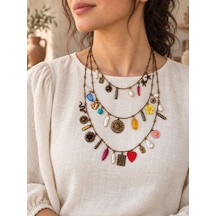 Bohem Chakra - Çakra Renkli Charm Ultra Detaylı 3 Lü Kolye Seti 45+5 / 50+5 / 55+5 Cm 316l Paslanmaz Çelik