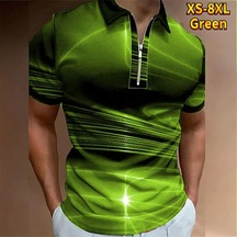 Yeşil Rahat Yaka T-shirt Genç Erkek Moda Fermuar Kısa Kollu Tişört Erkek 3d Kırmızı Işık Dalga Baskı T Gömlek Yeşil