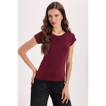 Tudors Kadın Slim Fit Dar Kesim Bisiklet Yaka Reglan Kol %100 Pamuk Bordo Tişört Bluz-51067