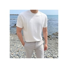 Cool Tarz Beyaz Erkek Yuvarlak Yaka 2 Çizgili Örme T-shirt Beyaz Beyaz