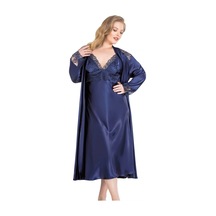 Aria's Closet Arias Closet Büyük Beden Lacivert Uzun İkili Saten Sabahlık Gecelik Takımı Lacivert