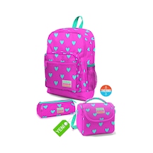 Neon Pembe Su Yeşili Kalp Desen Okul Sırt Çantası, Thermo Beslenme, Kalem Çanta 3'lü Set Pembe Çok Renkli