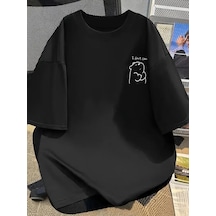 Kadın Tişört Bisiklet Yaka Kısa Kol Eğlenceli Karikatür T-shirt - Siyah